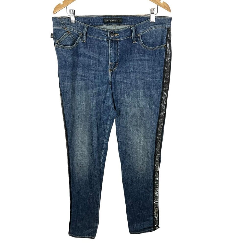 Rock & Republic  Women Sz‎ 14 Jeans Tux Stripe Bling Berlin 2171 Stretch R160197